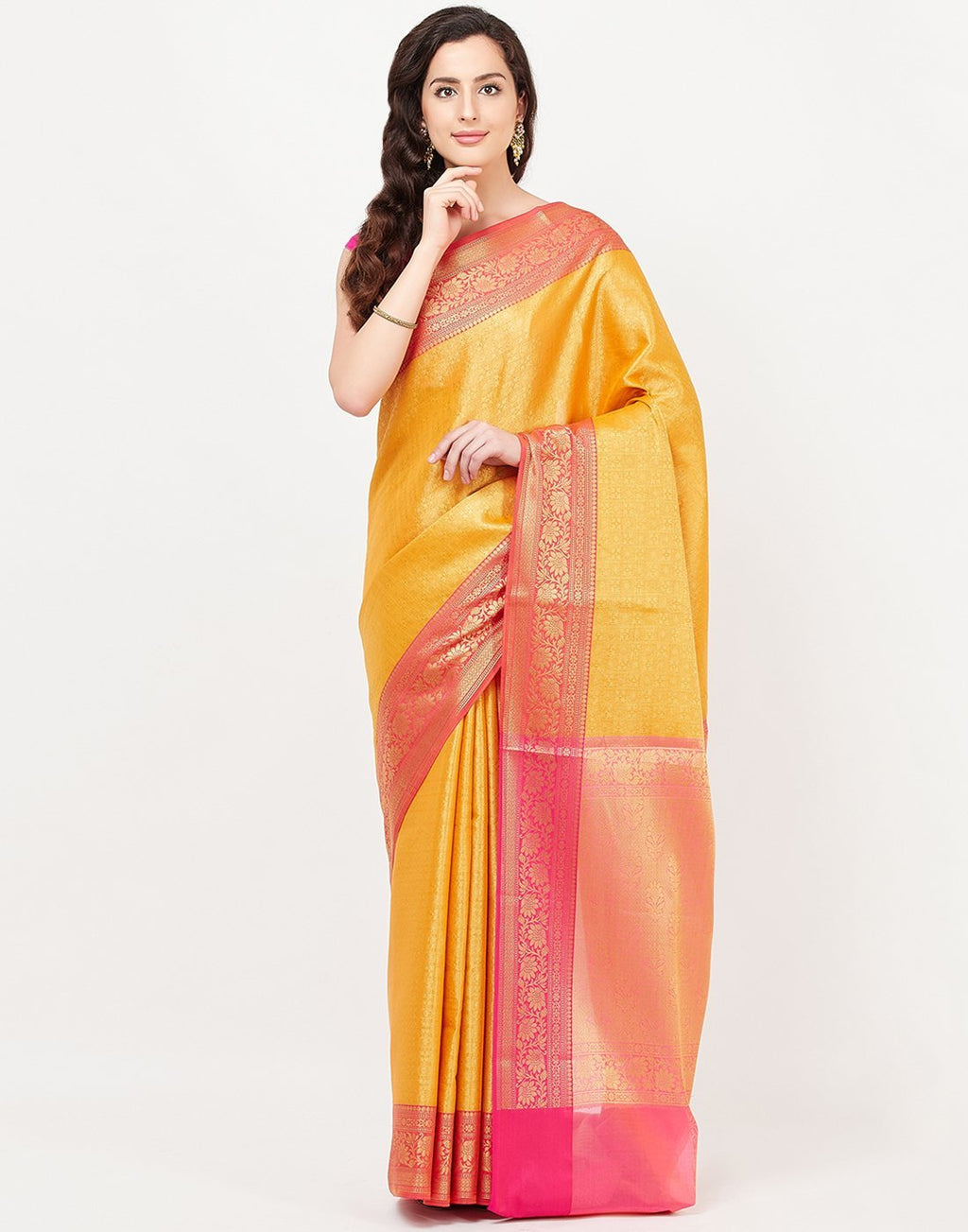 MBZ Meena Bazaar-Mustard Cotton Woven Saree
