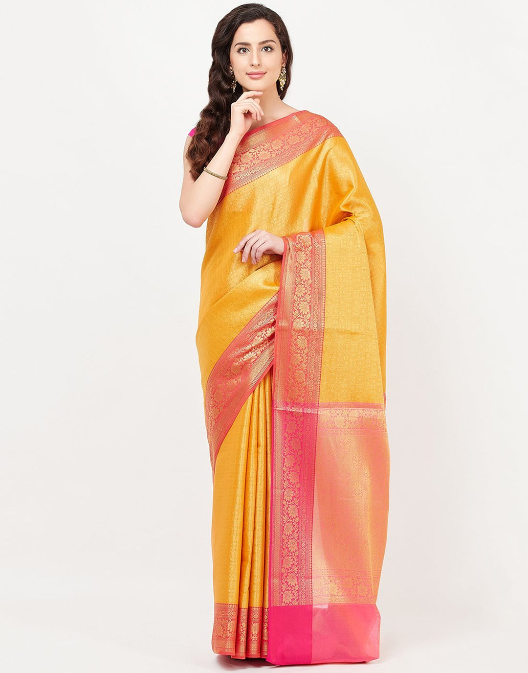 MBZ Meena Bazaar-Mustard Cotton Woven Saree