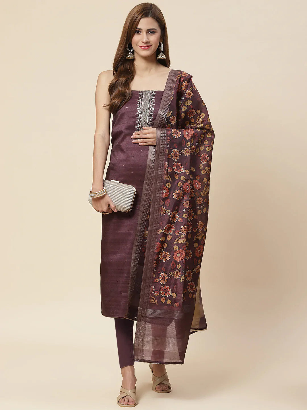 Neck Embroidered Chanderi Unstitched Suit Piece With Dupatta
