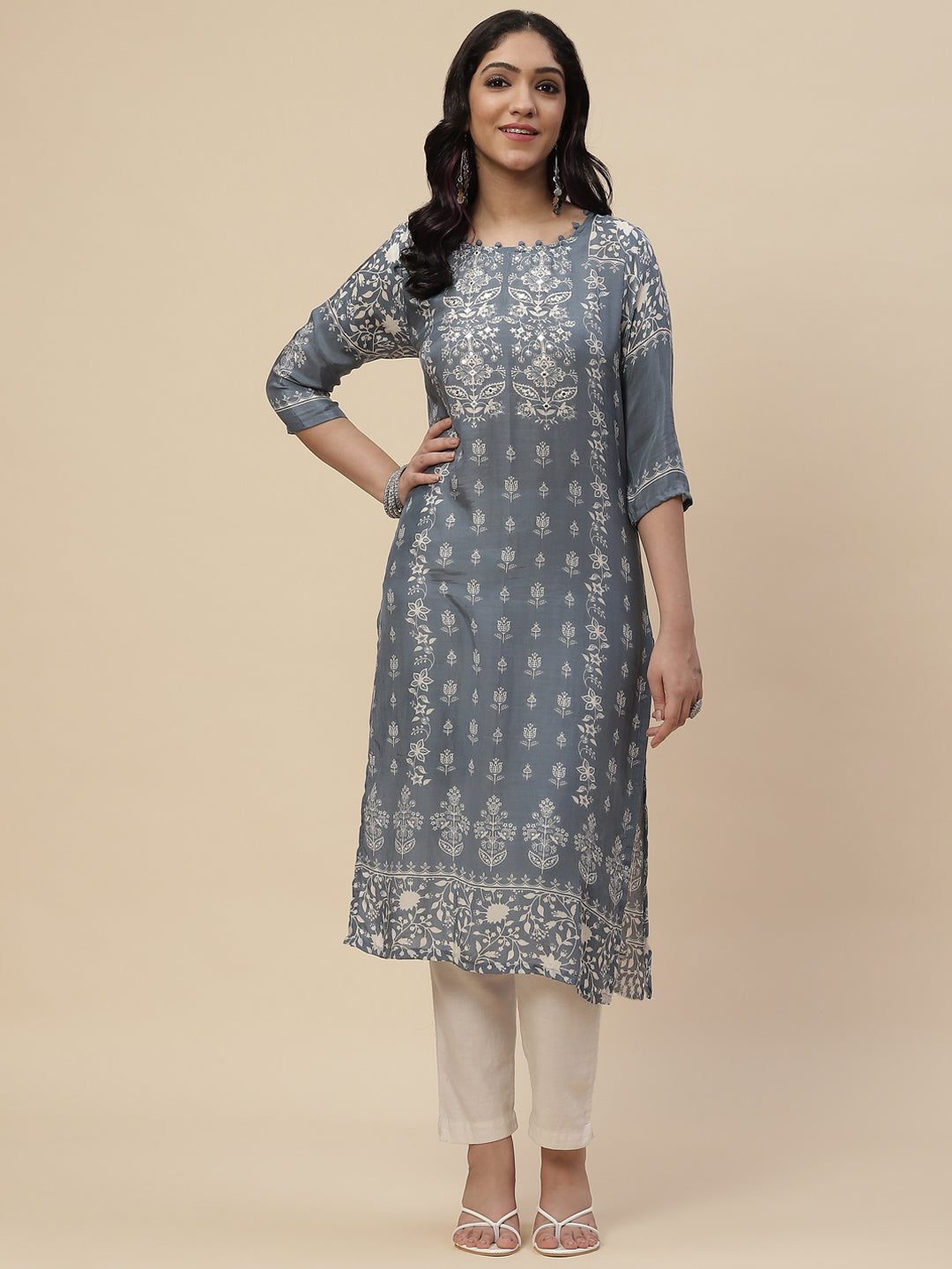 Neck Mirror Work  Printed Cotton Kurta