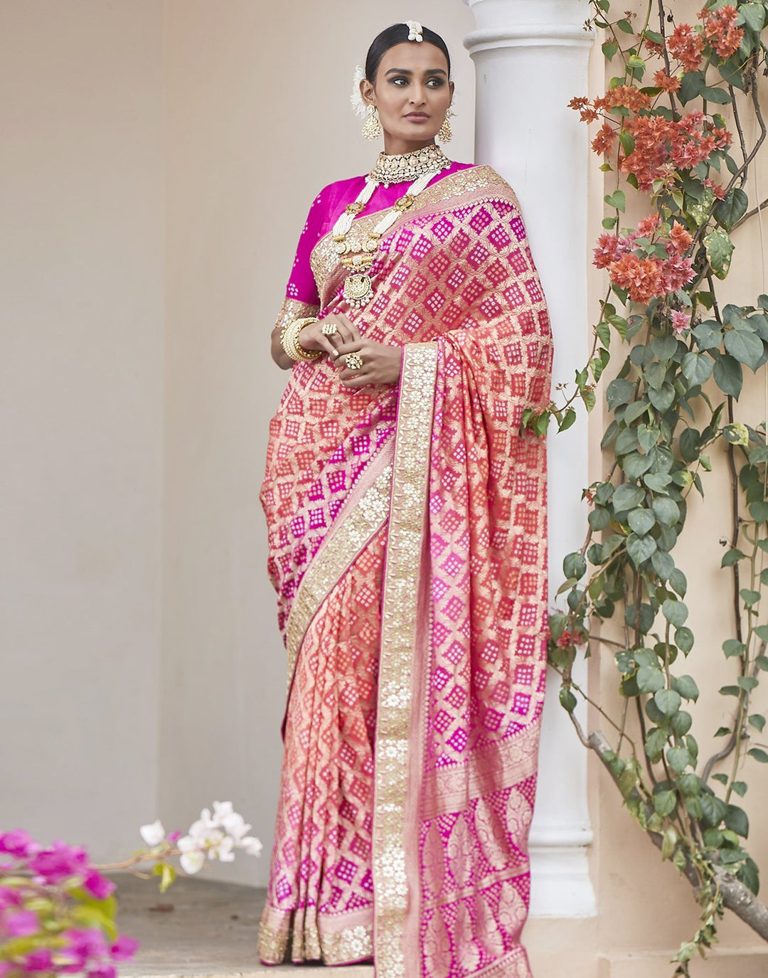 Rani Peach Banarasi Saree
