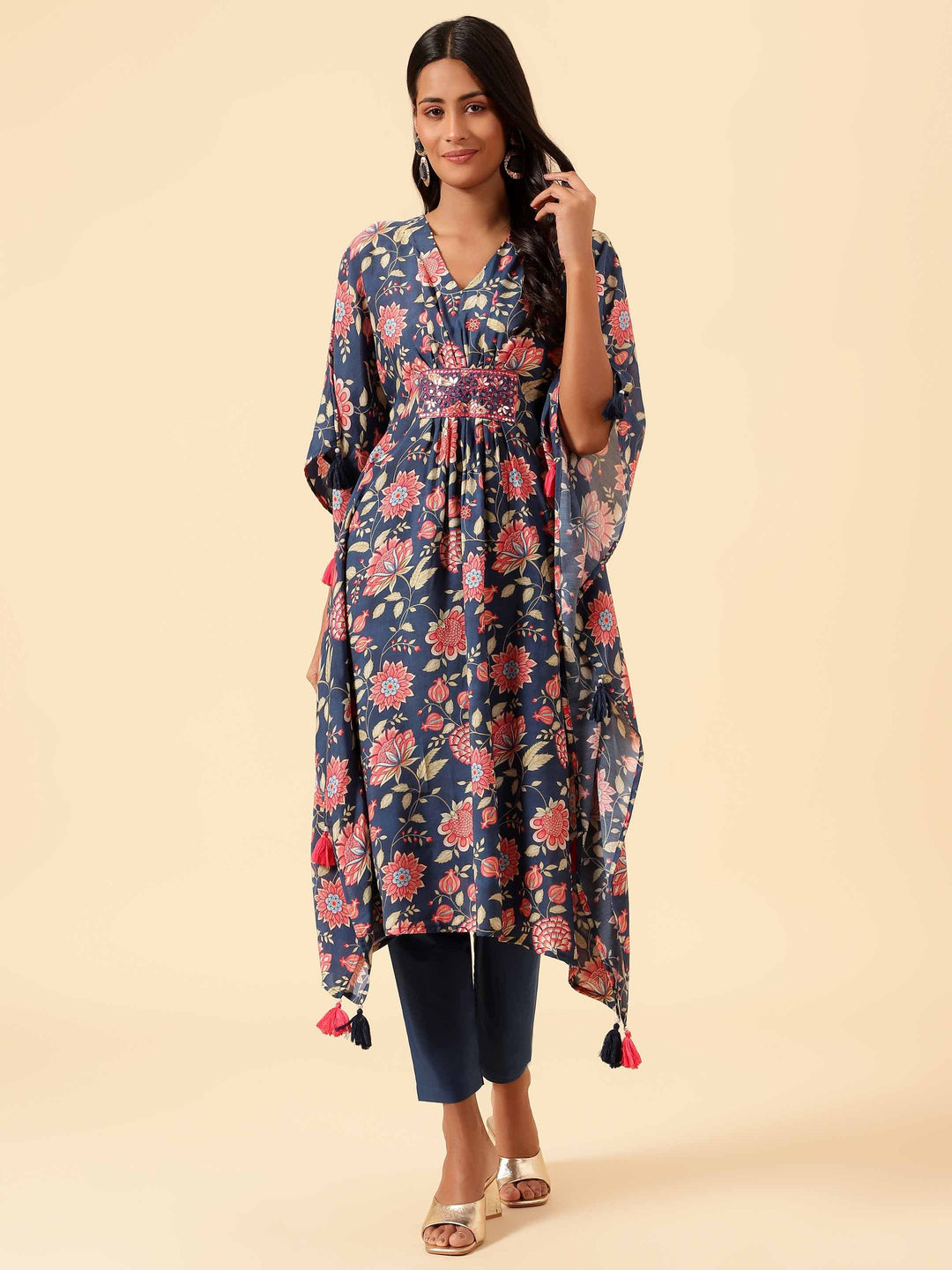 Floral Printed Muslin Kaftan Kurta