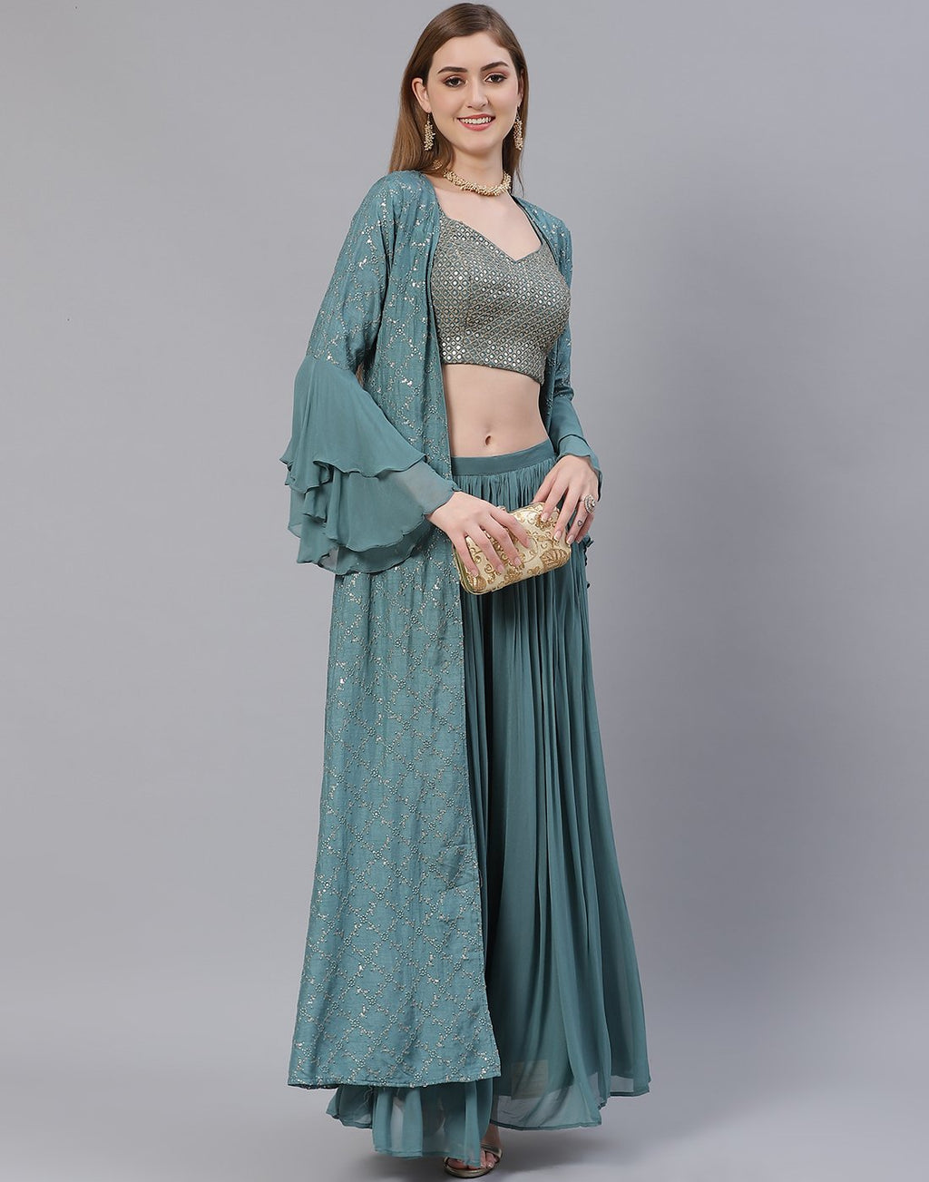 Dusty Green Georgette Salwar Kameez Stitched Suit