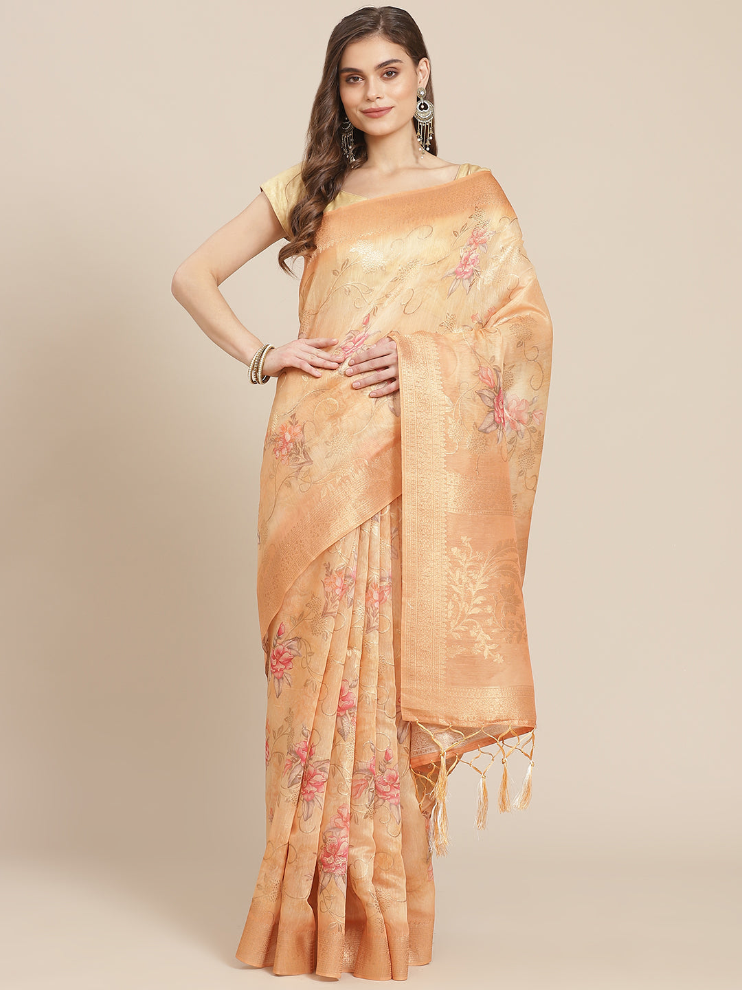 Digital Floral Printed Banarasi Pallu Cotton Chanderi Saree