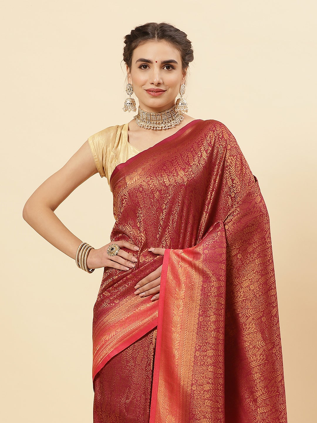 Brocade Zari Jaal Art Handloom Saree  with Contrast Blouse