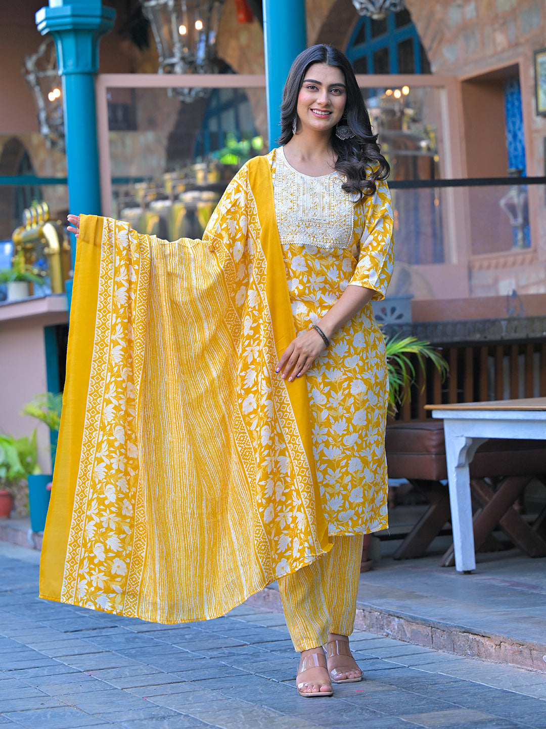 Floral Printed Cotton Kurta With Pants &amp; Dupatta