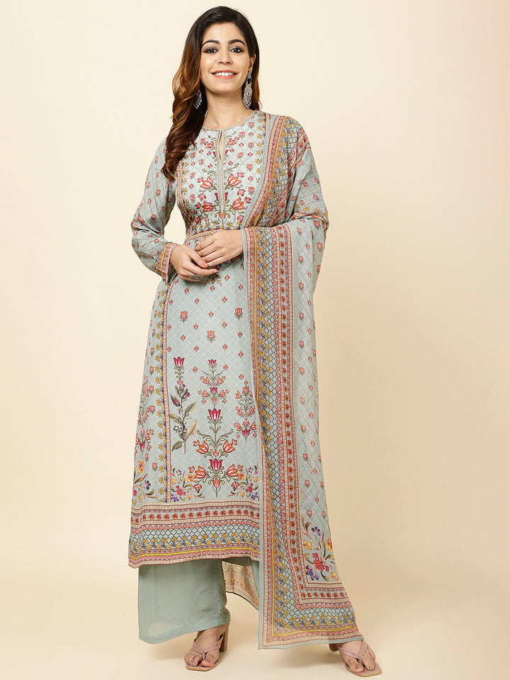 Digital Floral Printed Crepe Kurta With Palazzo &amp; Dupatta