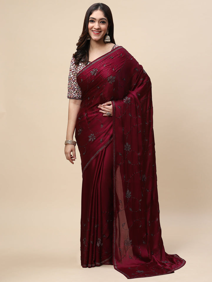 Stone Jaal Embroidered Satin Saree