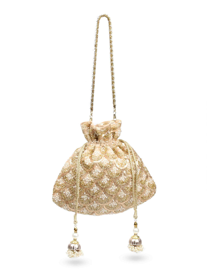 Golden Sequin &amp; Pearl Embroidered Potli Bag