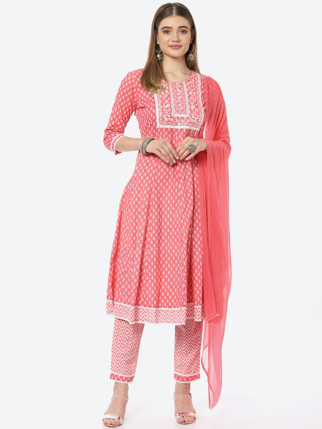 Resham Neck Booti  Printed Cotton A-line Kurta With Pant &amp; Chiffon Dupatta