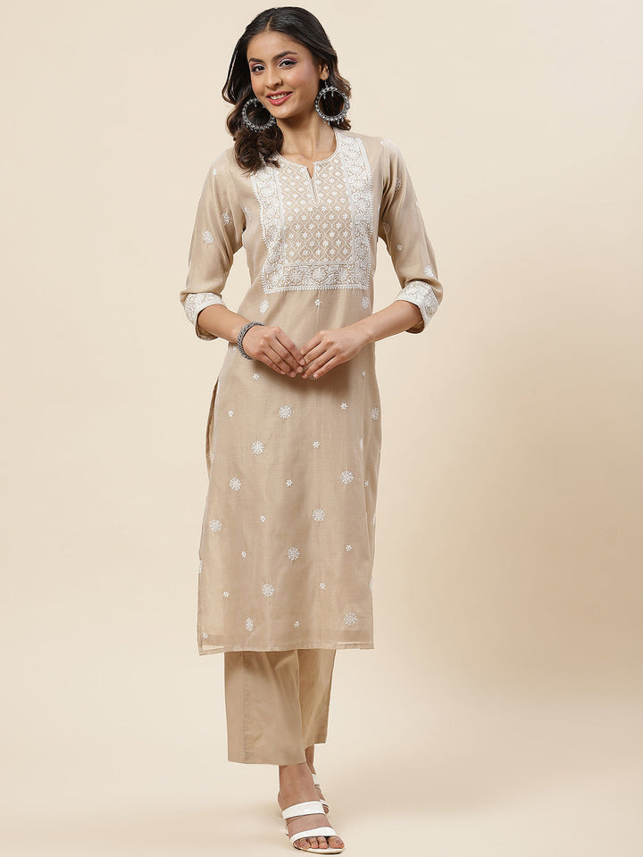 Embroidered Chanderi Kurta With Pants