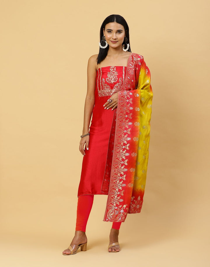 Embroidered Art Handloom Dupion Suit Piece With Banarasi Dupatta