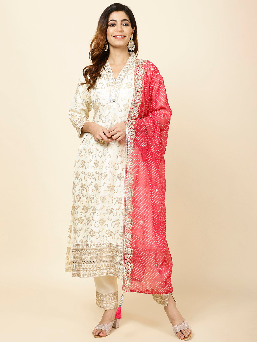 Zari Jaal Embroidered Banarsi Kurta With Pants &amp; Dupatta
