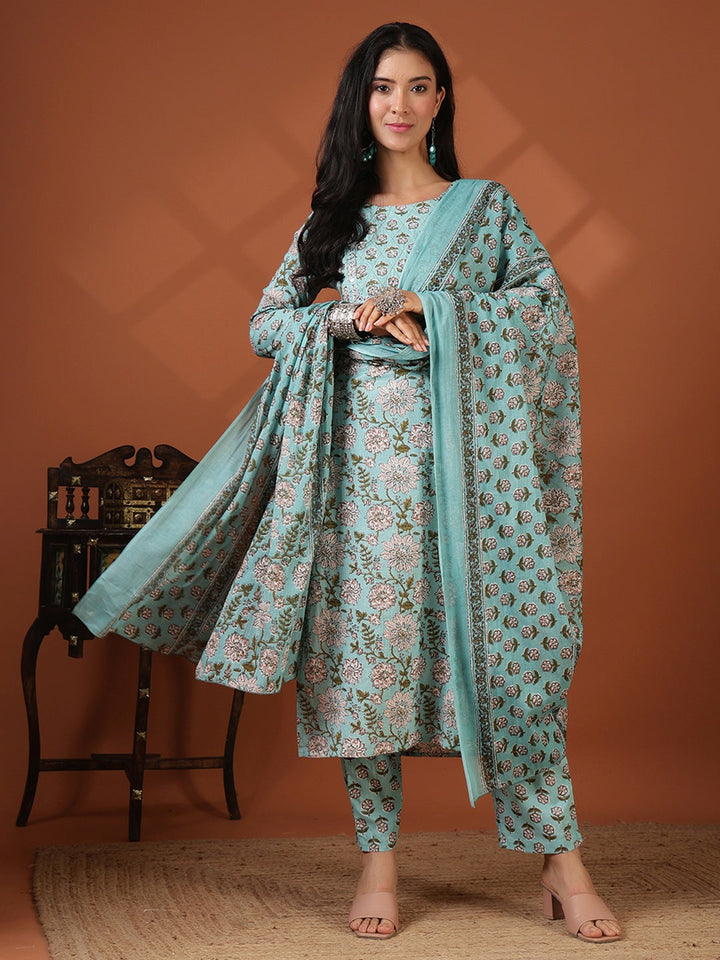 Printed Cotton Blend Kurta With Pant &amp; Dupatta