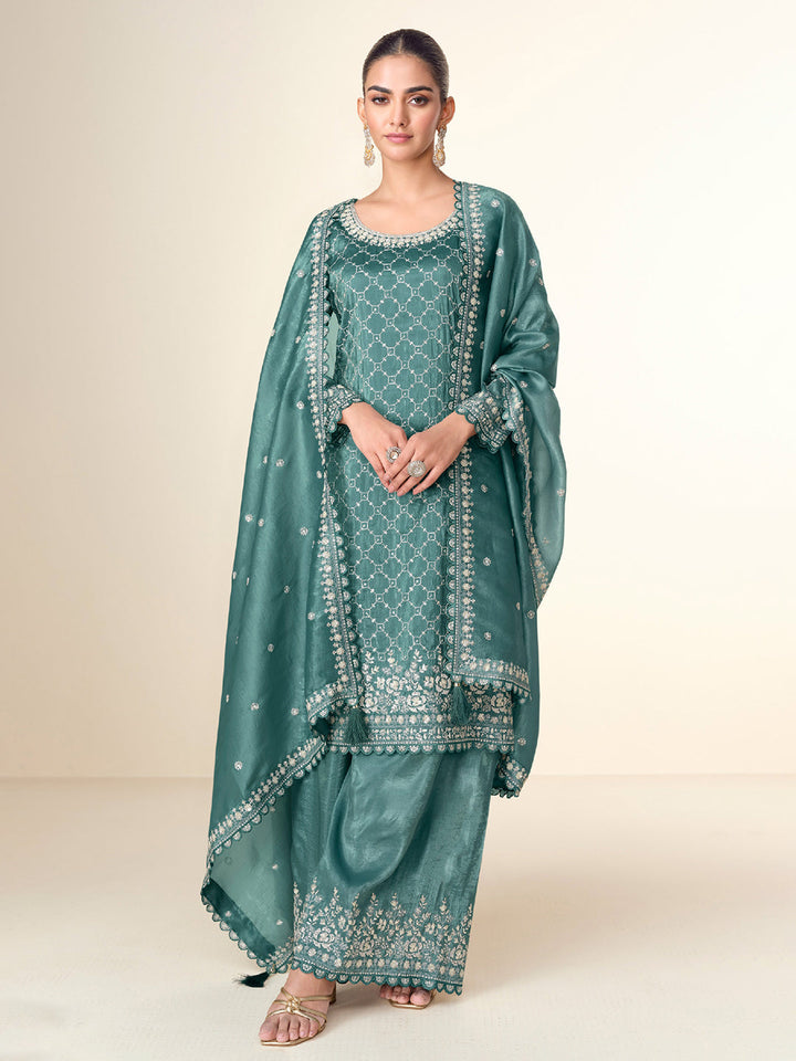 Embroidered Tissue Crush Kurta With Plazzo &amp; Dupatta