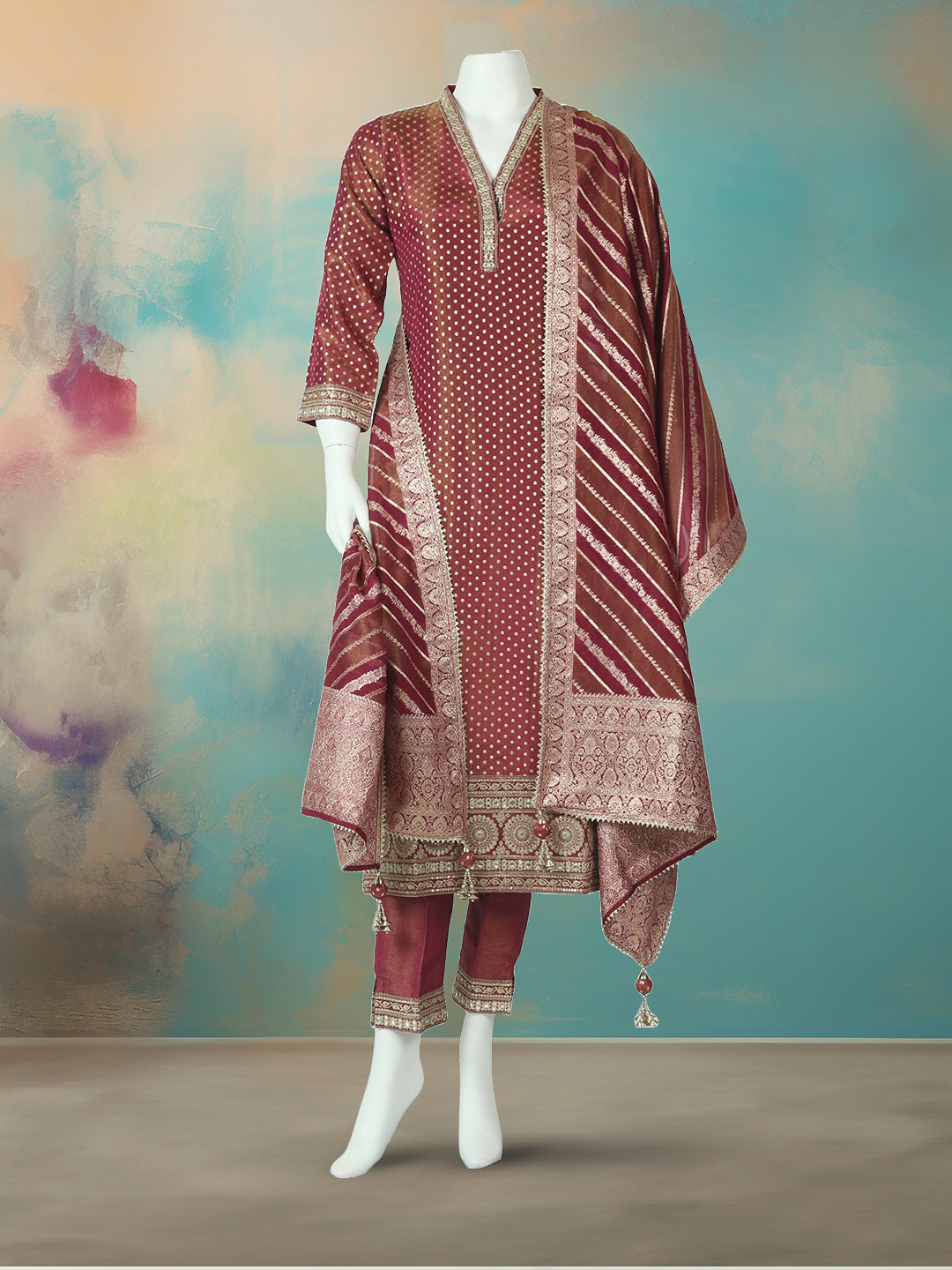 Embroidered Tissue Kurta With Pant &amp; Dupatta