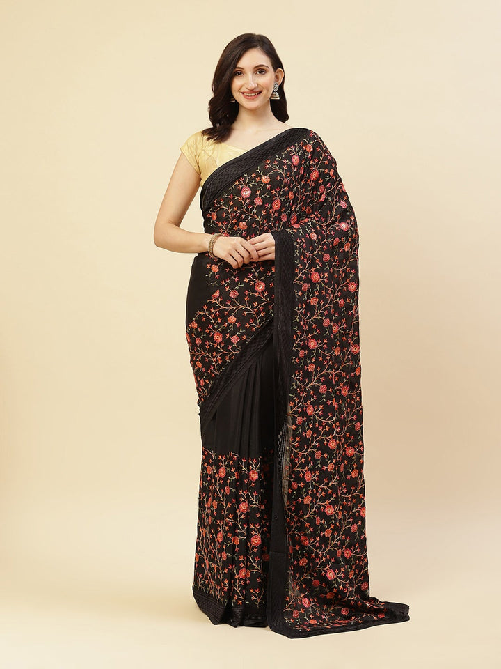 Resham Jaal Thread Work Embroidred Art Crepe Saree