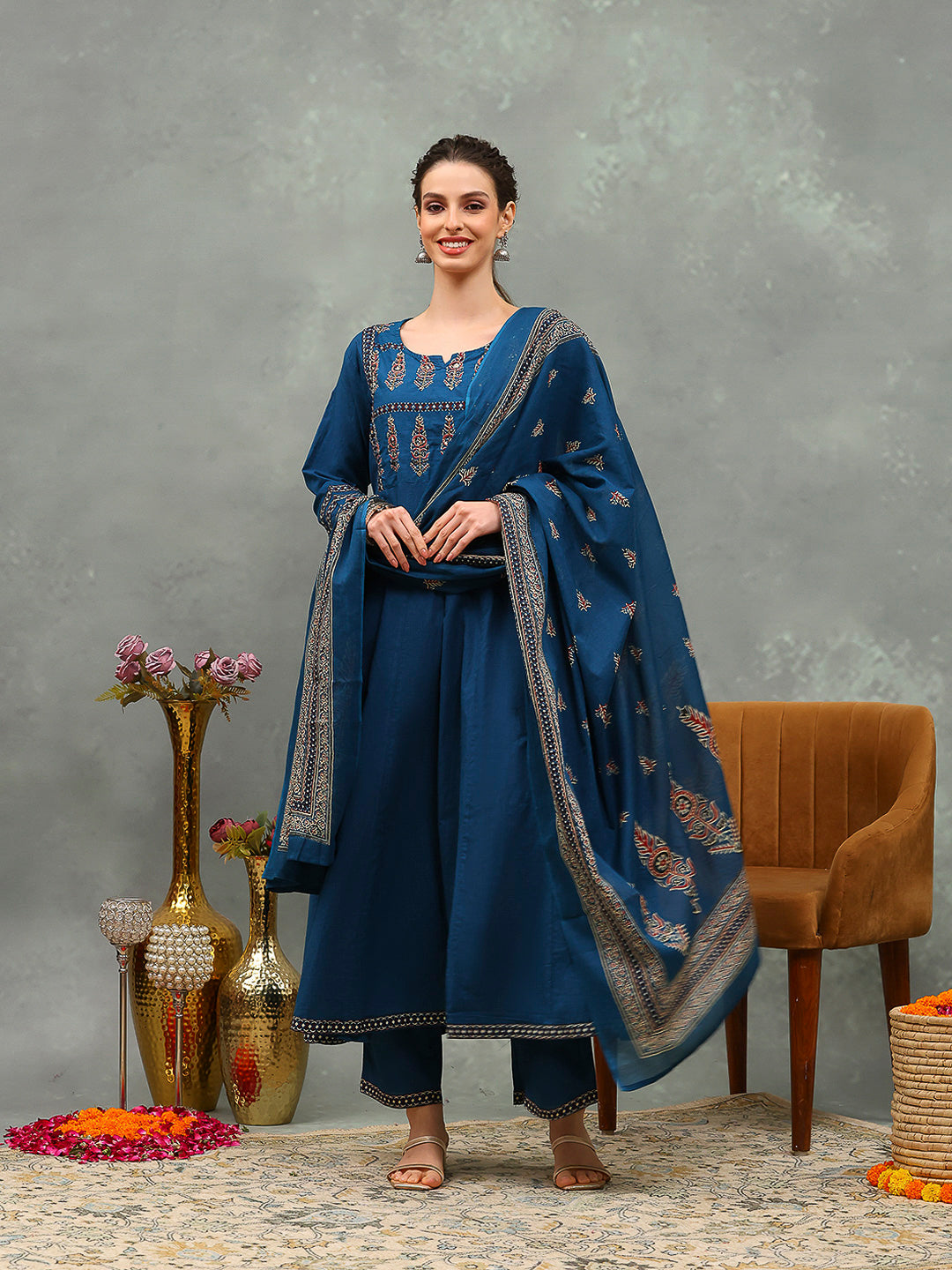 Embroidered Cotton Kurta With Pants &amp; Dupatta