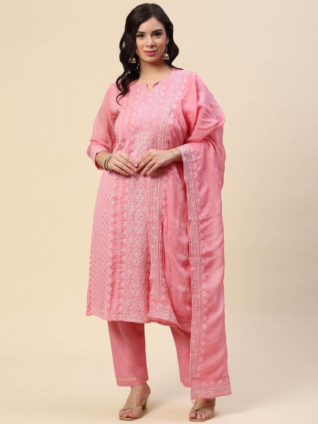 Resham Embroidered Booti Organza Kurta With Pants &amp; Dupatta