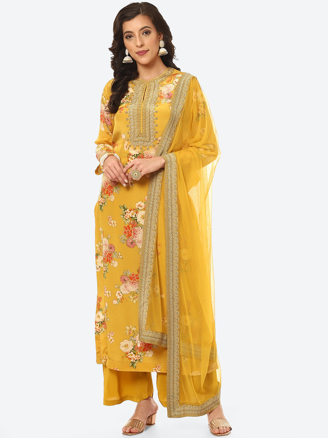 Floral Digital Printed Crepe Kurta With Palazzo & Net Dupatta