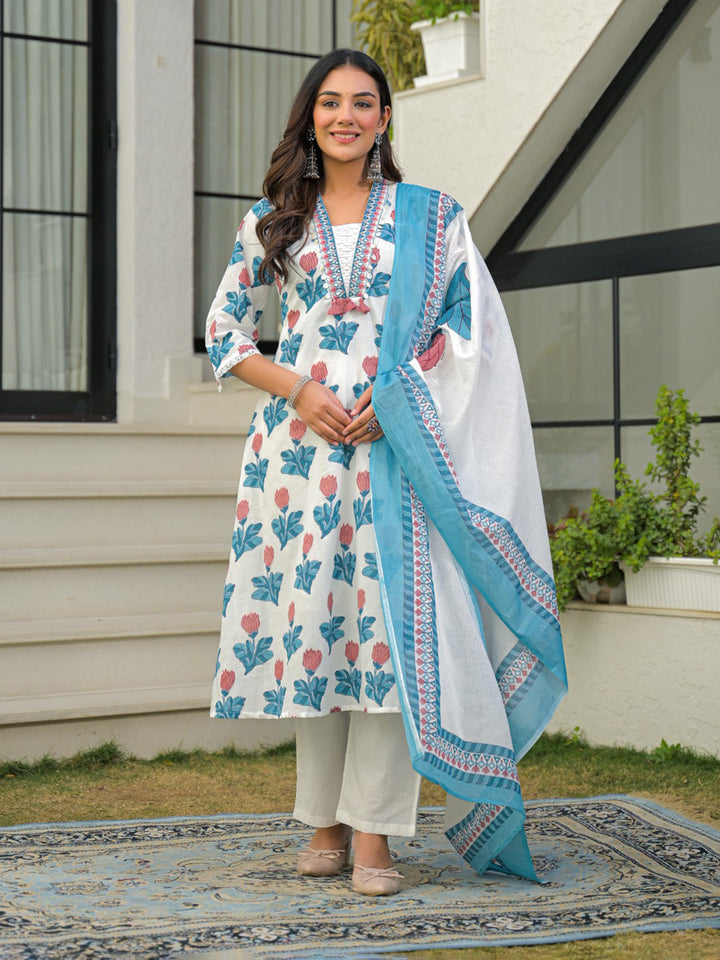 Blue Printed Cotton Blend Straight Suit Set With Dupatta
