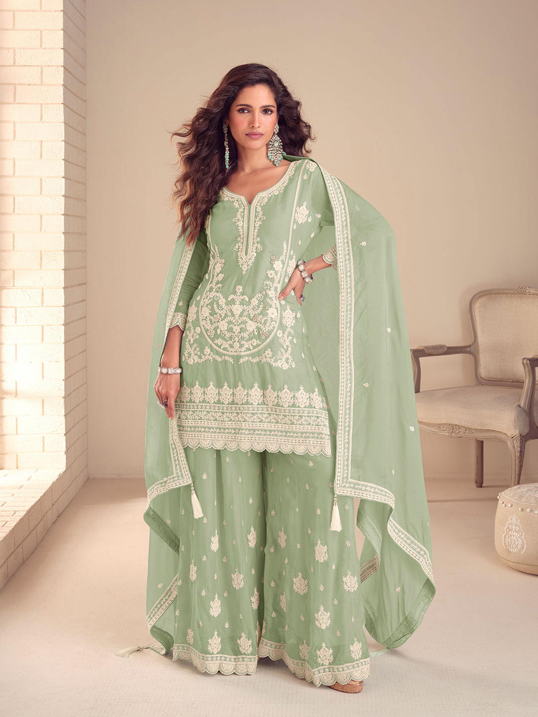 Embroidered Chinon Kurta With Plazzo &amp; Dupatta