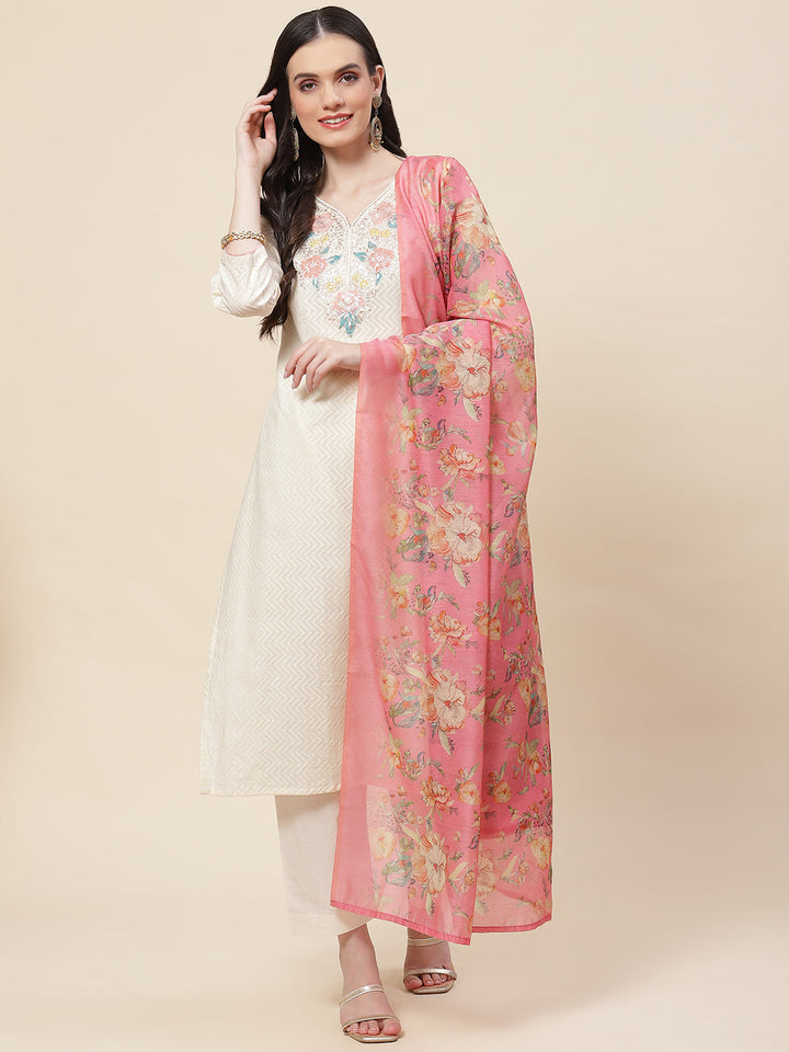 Neck Embroidered Cotton Kurta With Pants &amp; Dupatta