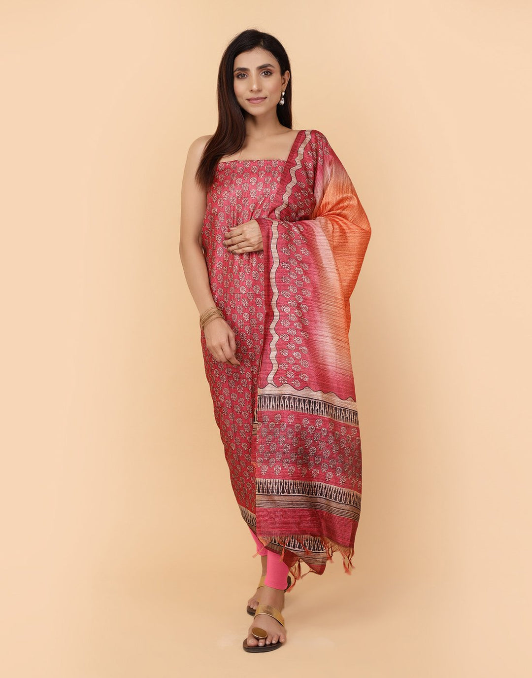 Printed Chanderi Suit Piece With Art Silk Dupatta