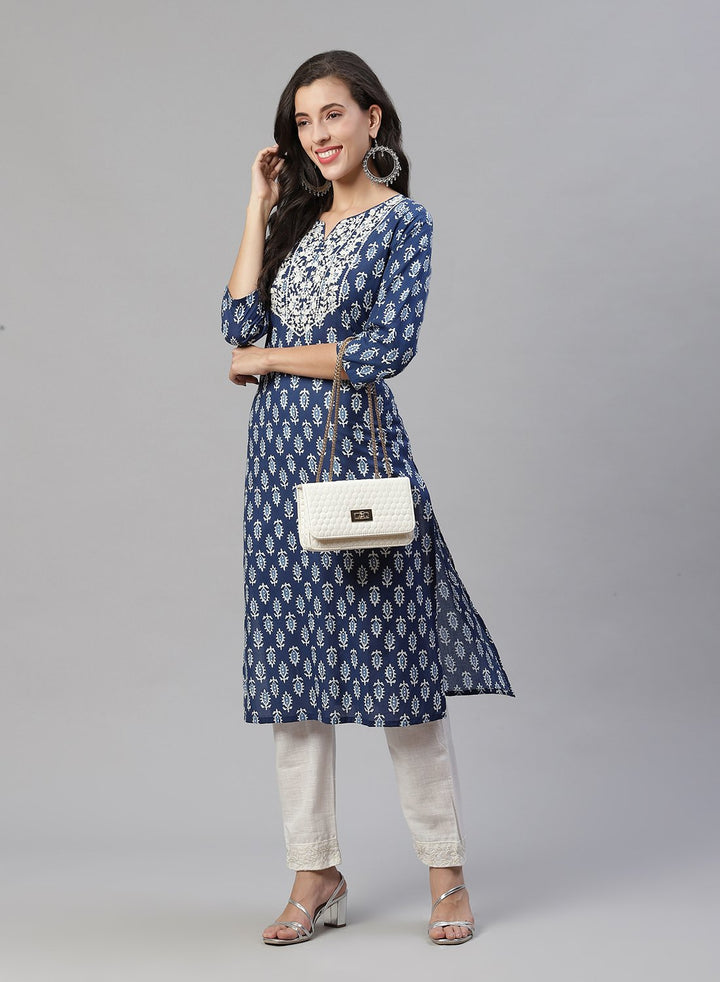 Yoke Embroidered Cotton Printed Kurti Pant Set
