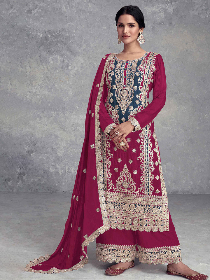 Embroidered Chinnon Kurta With Plazzo &amp; Dupatta