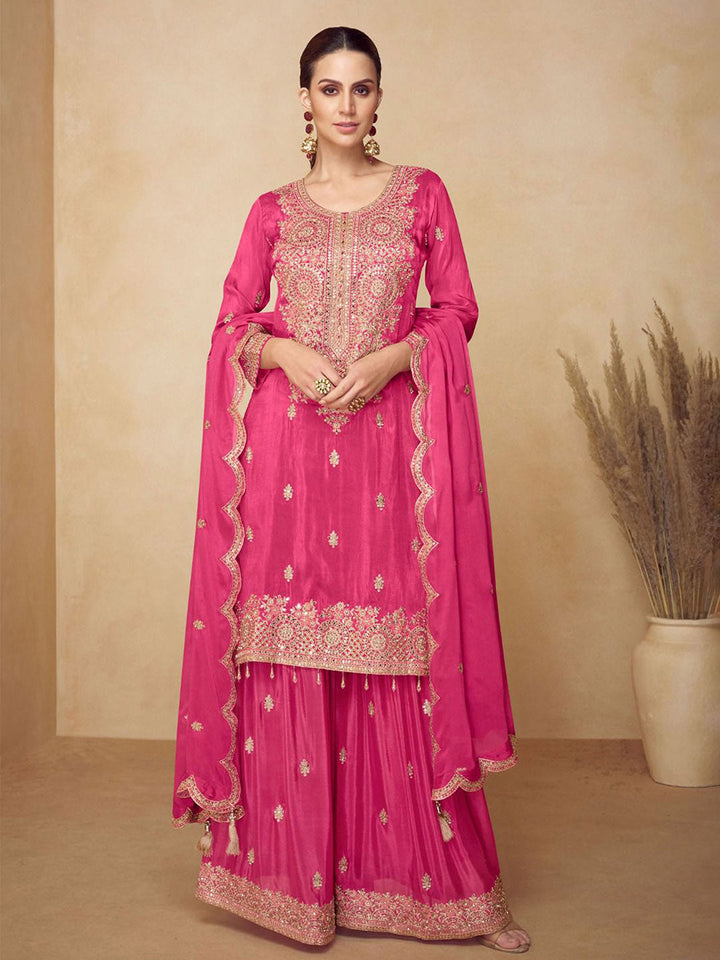 Embroidered Chinnon Kurta With Plazzo &amp; Dupatta