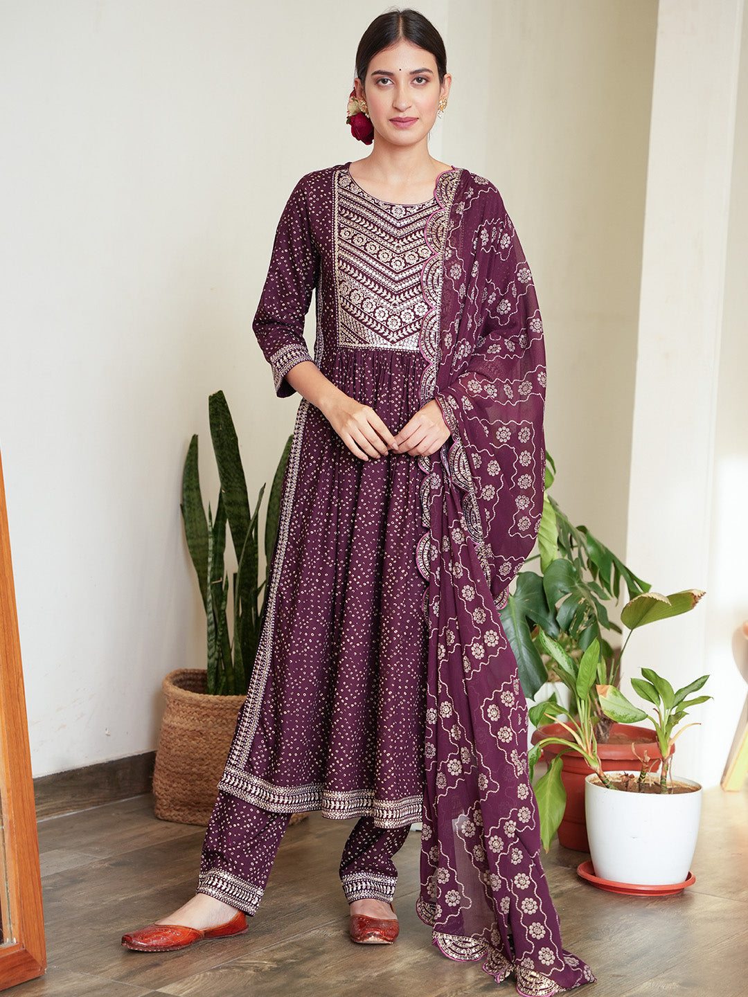 Bandhani Embroidered Rayon Kurta With Pants &amp; Dupatta