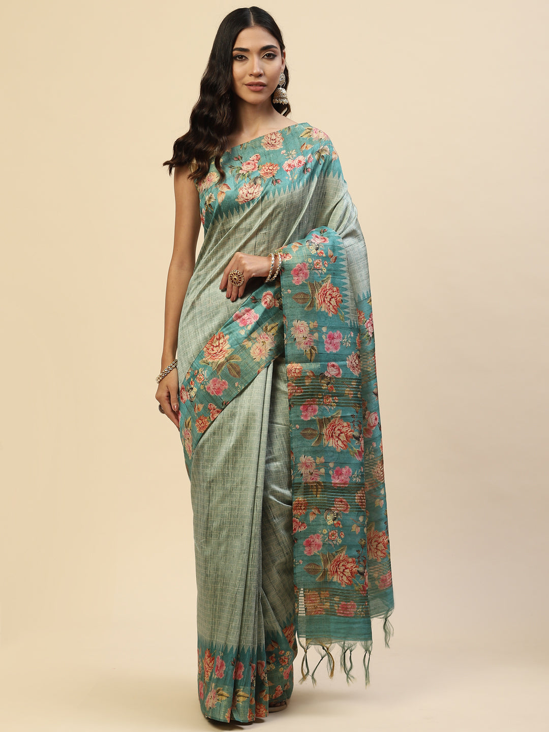 Digital Floral Zari Border Tussar Saree