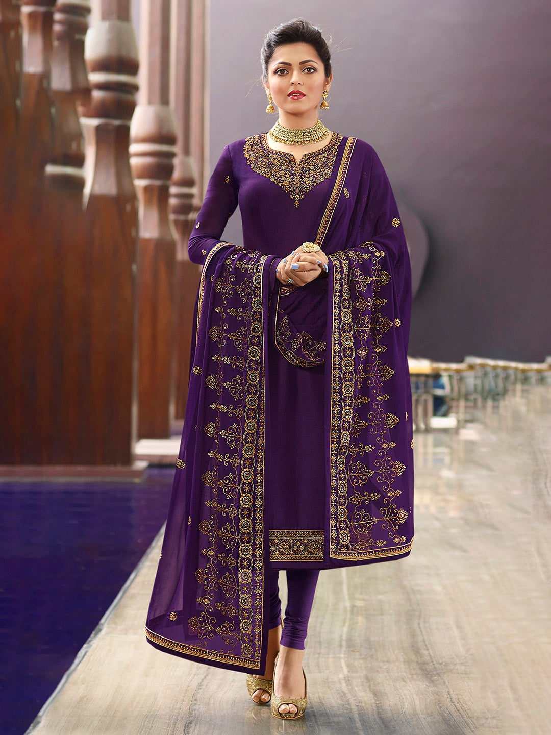 Zari Embroidery Georgette Semi Stitched Suit