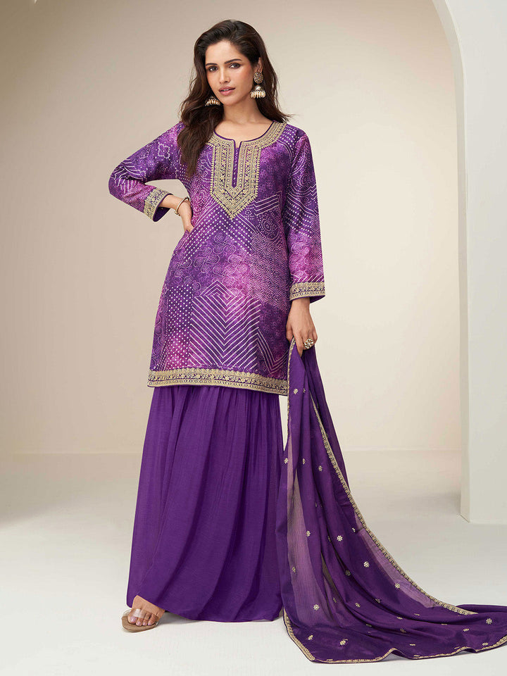 Embroidered Chinon Silk Kurti With Sharara &amp; Dupatta