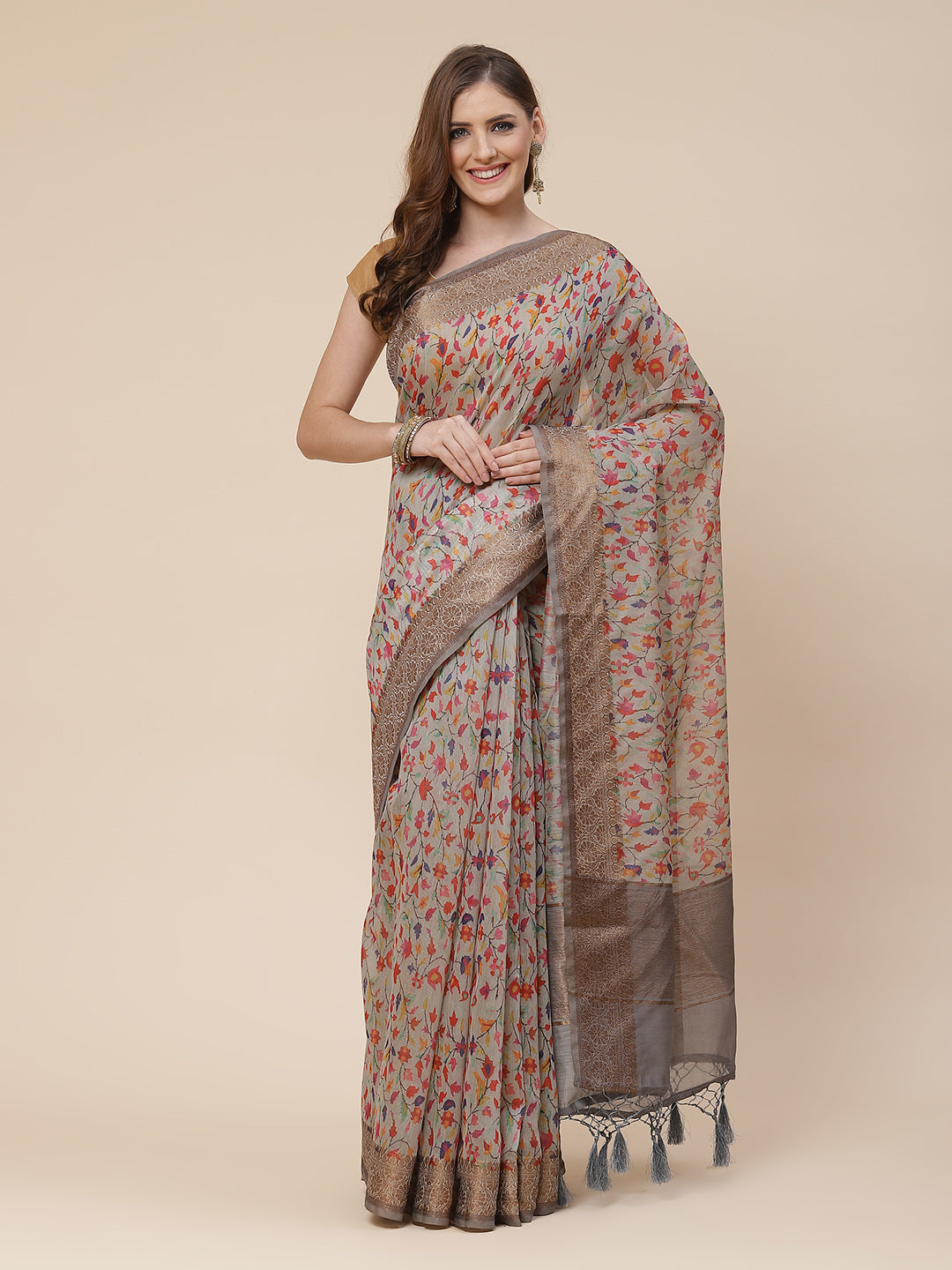Printed Banarasi Border Pallu Cotton Saree