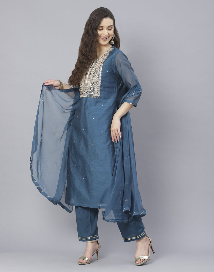Red and Teal Blue Cotton Chanderi Salwar Kameez