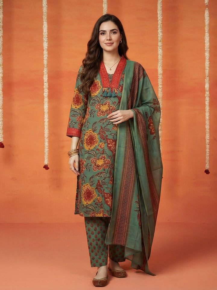 Printed Cotton Blend Kurta With Pant &amp; Dupatta