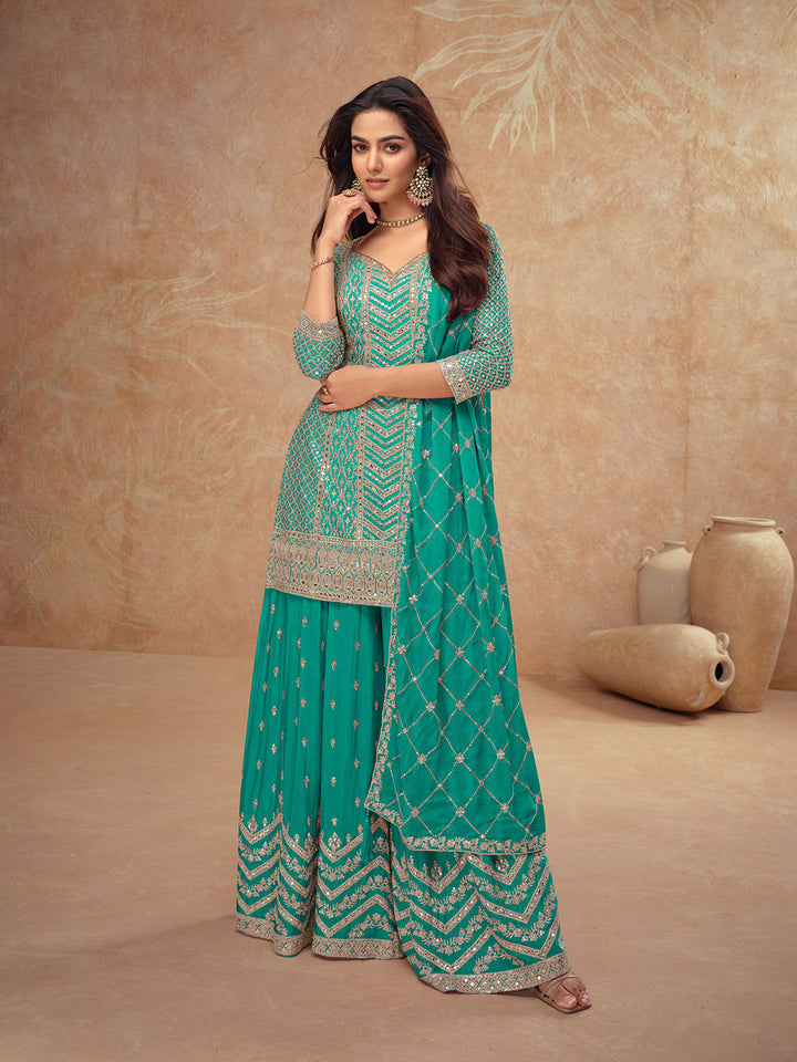 Embroidered Chinon Kurta With Plazzo &amp; Dupatta