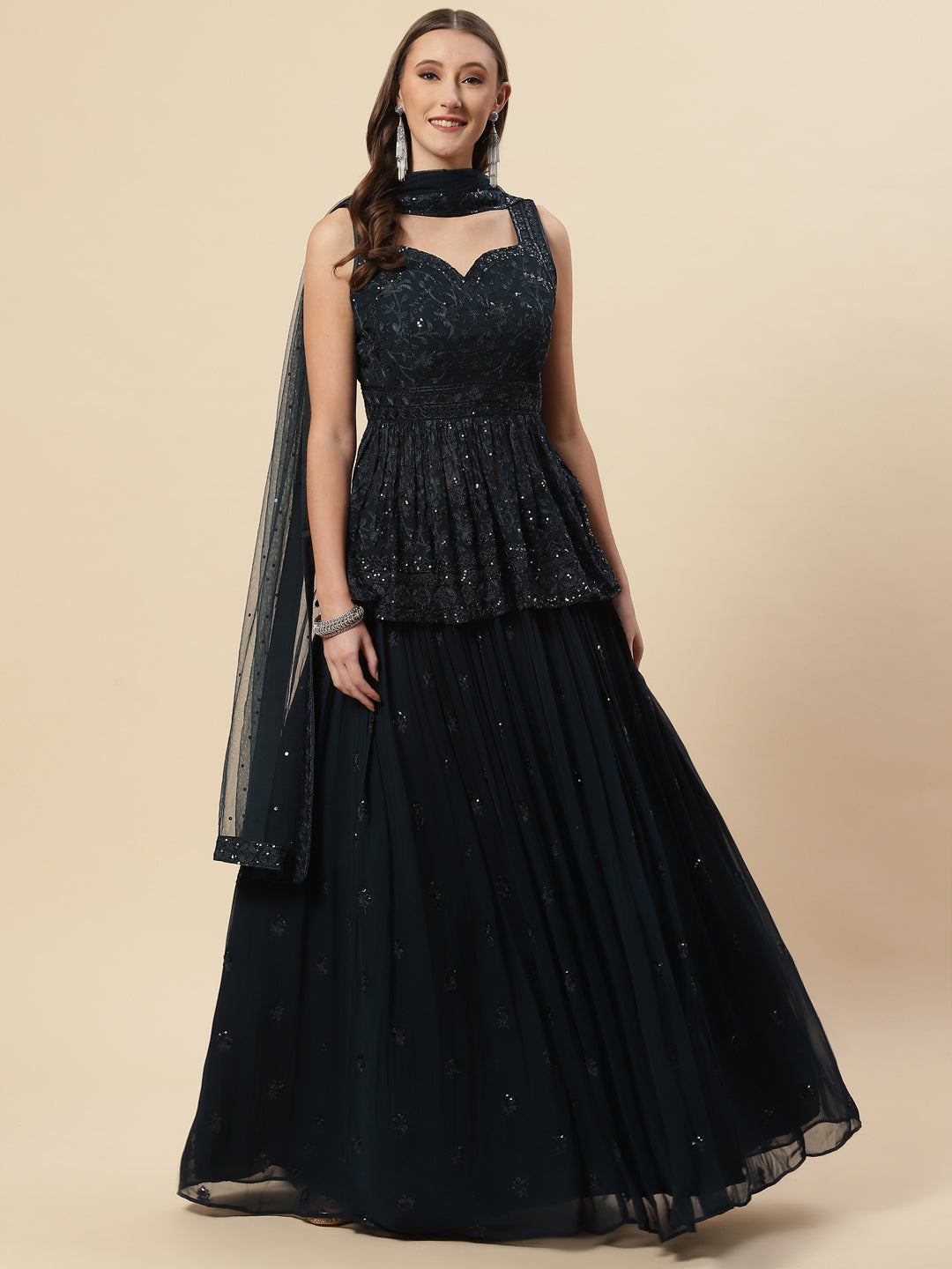 Sequin Embroidered Georgette Choli With Lehenga &amp; Net Dupatta
