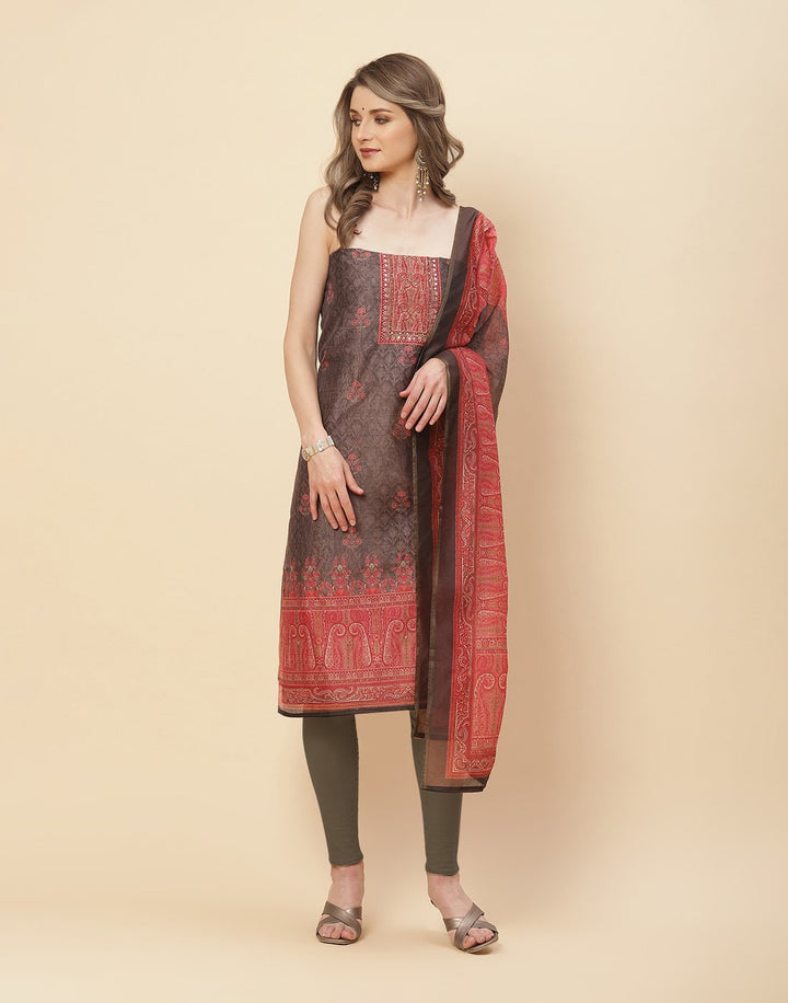 Patch Neck Work Printed Chanderi Suit Piece With Chanderi Printed Dupatta