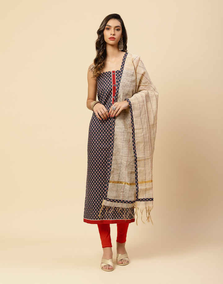 Printed Cotton Suit Piece With Kantha Work
