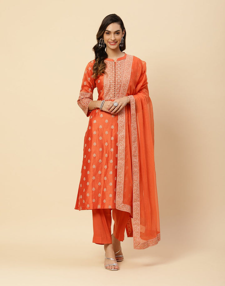 Embroidered Cotton Chanderi Salwar Kameez Stitched Suit With Chiffon Dupatta