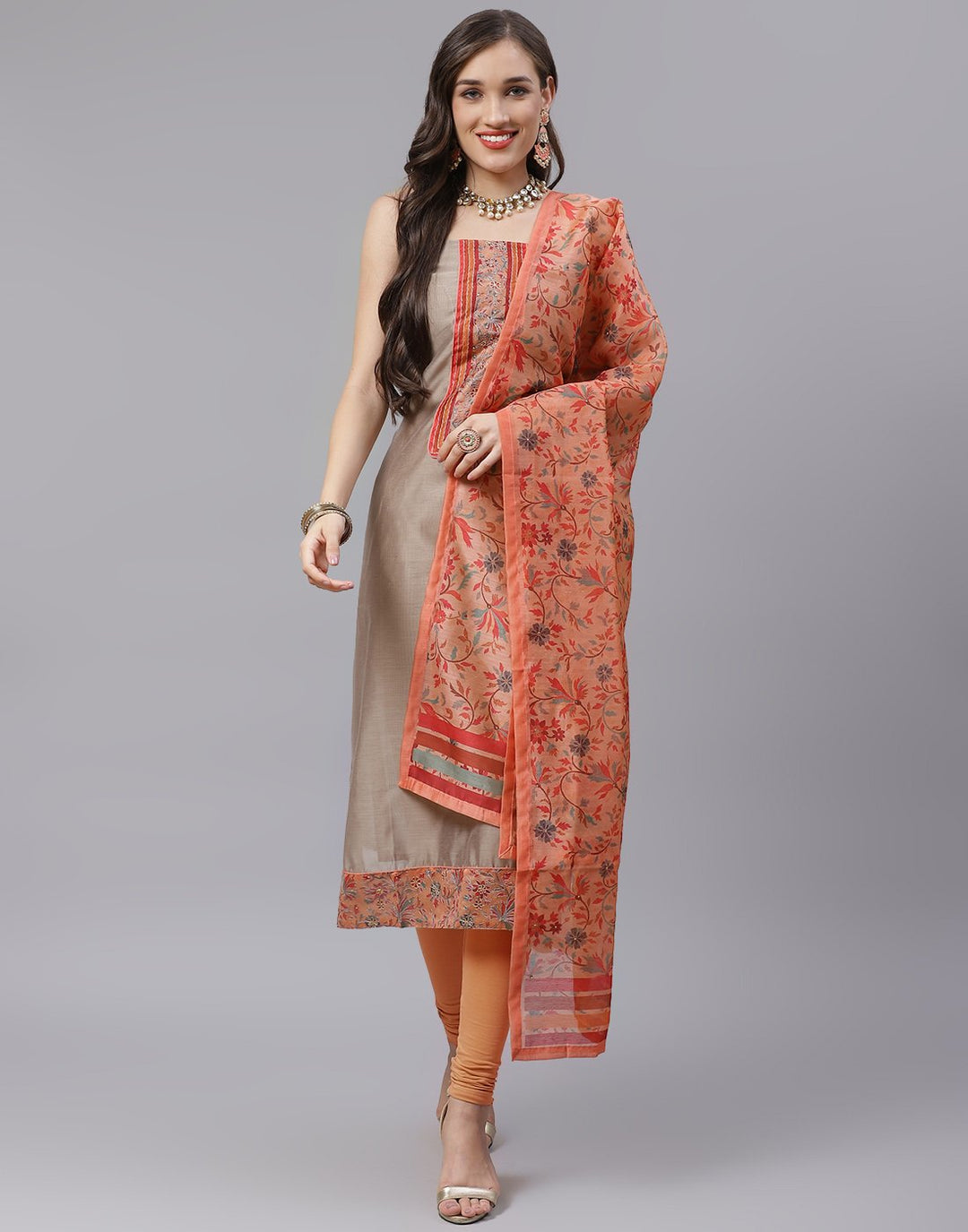 Chanderi Printed Suit Piece with floral dupatta