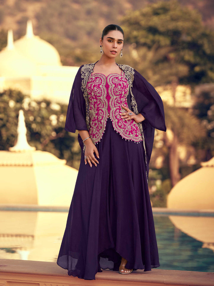 Embroidered Chinon Choli &amp; Plazzo With Jacket