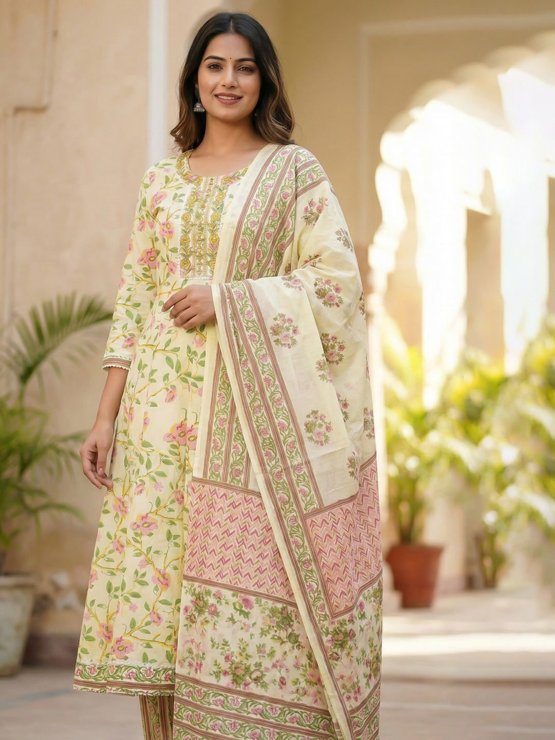 Printed Cotton Blend Kurta With Pant &amp; Dupatta