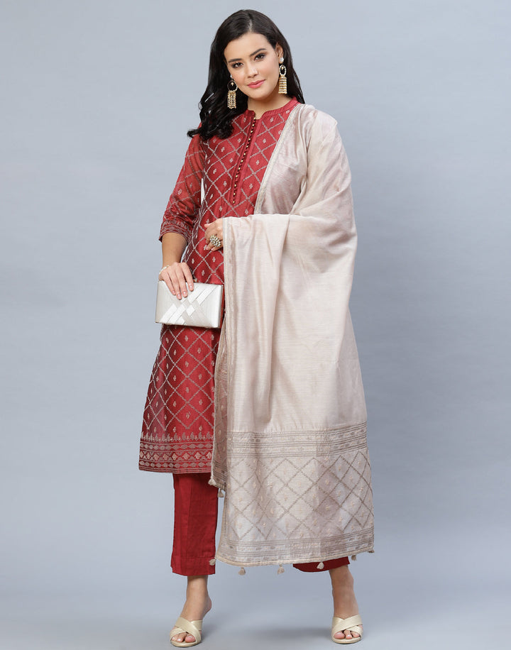 Elegant Cotton Chanderi Pant Kameez Stitched Suit