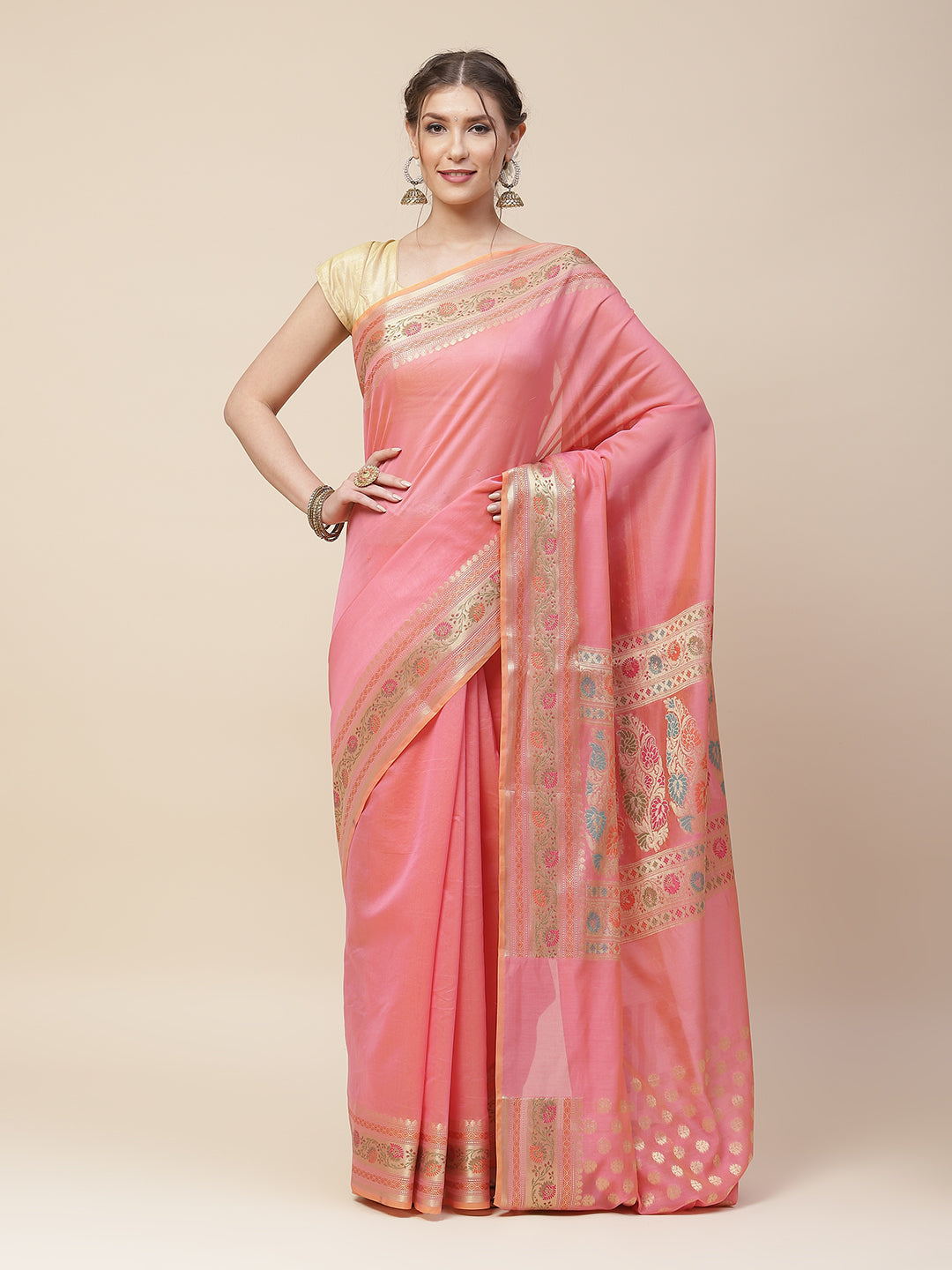 Plain Zari Border Cotton Woven Saree