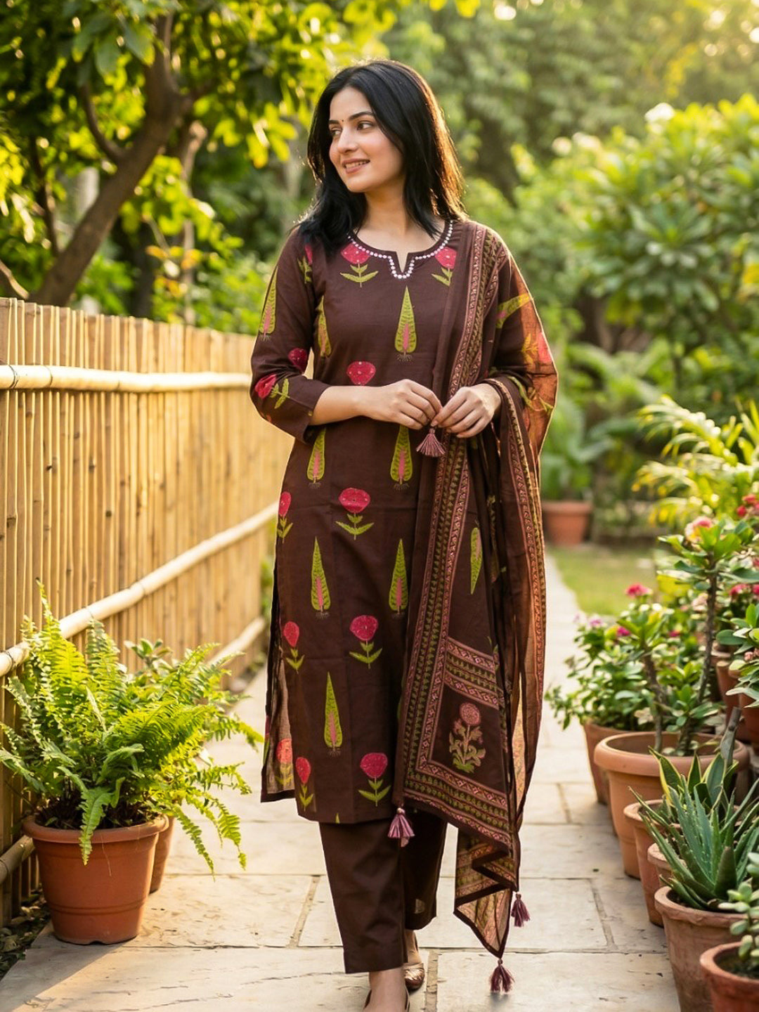 Embroidered Cotton Blend Kurta With Pant &amp; Dupatta