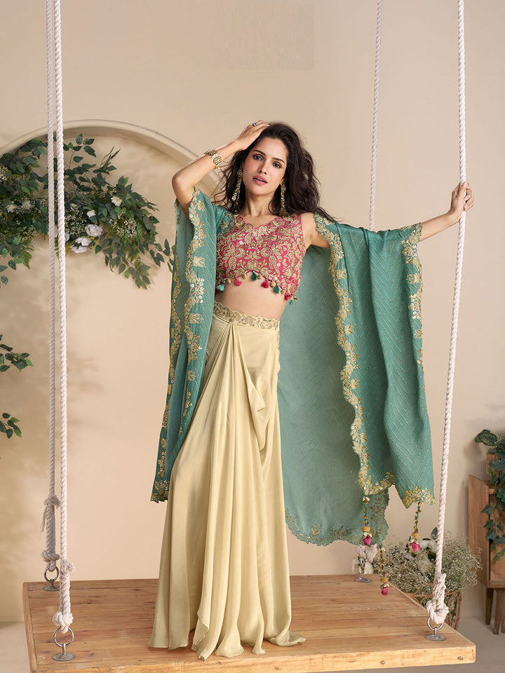 Embroidered Chinon Choli With Skirt &amp; Dupatta